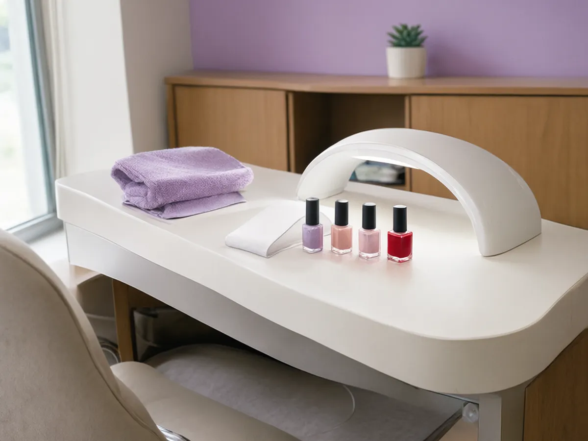 A manicure table with a small nail lamp, a lilac towel and four polish bottles