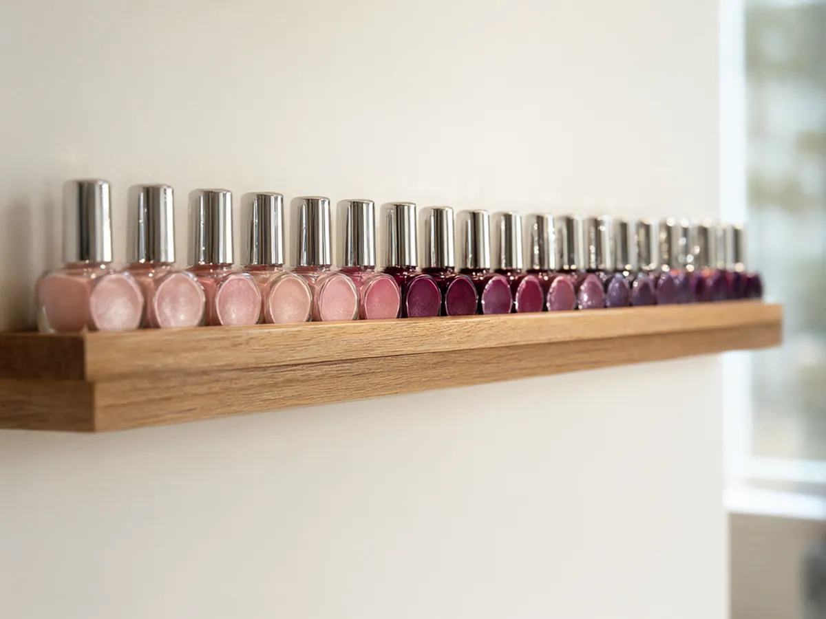 An oak shelf holding a row of nail polish from pale pink to deep plum
