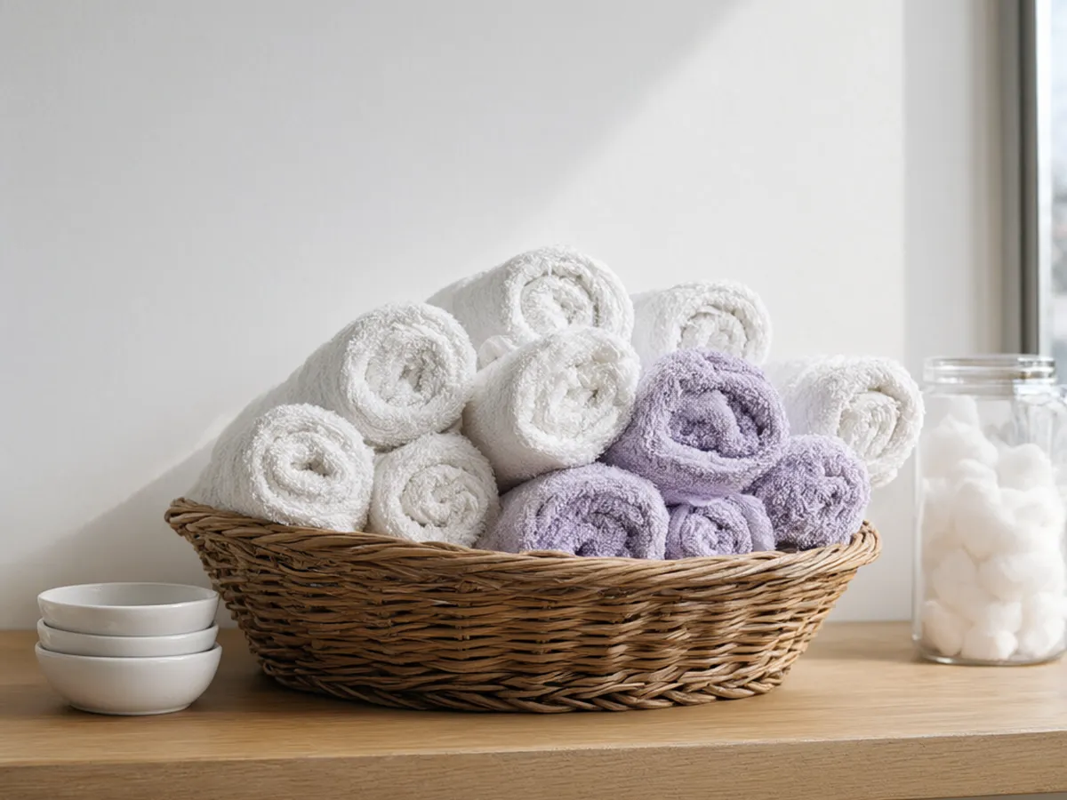 A wicker basket of rolled white and lavender towels on an oak shelf